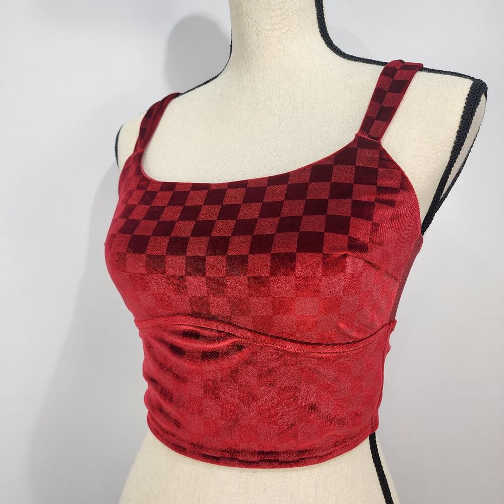 Colsie Checkered Red Velour Crop Harley Quinn Top M